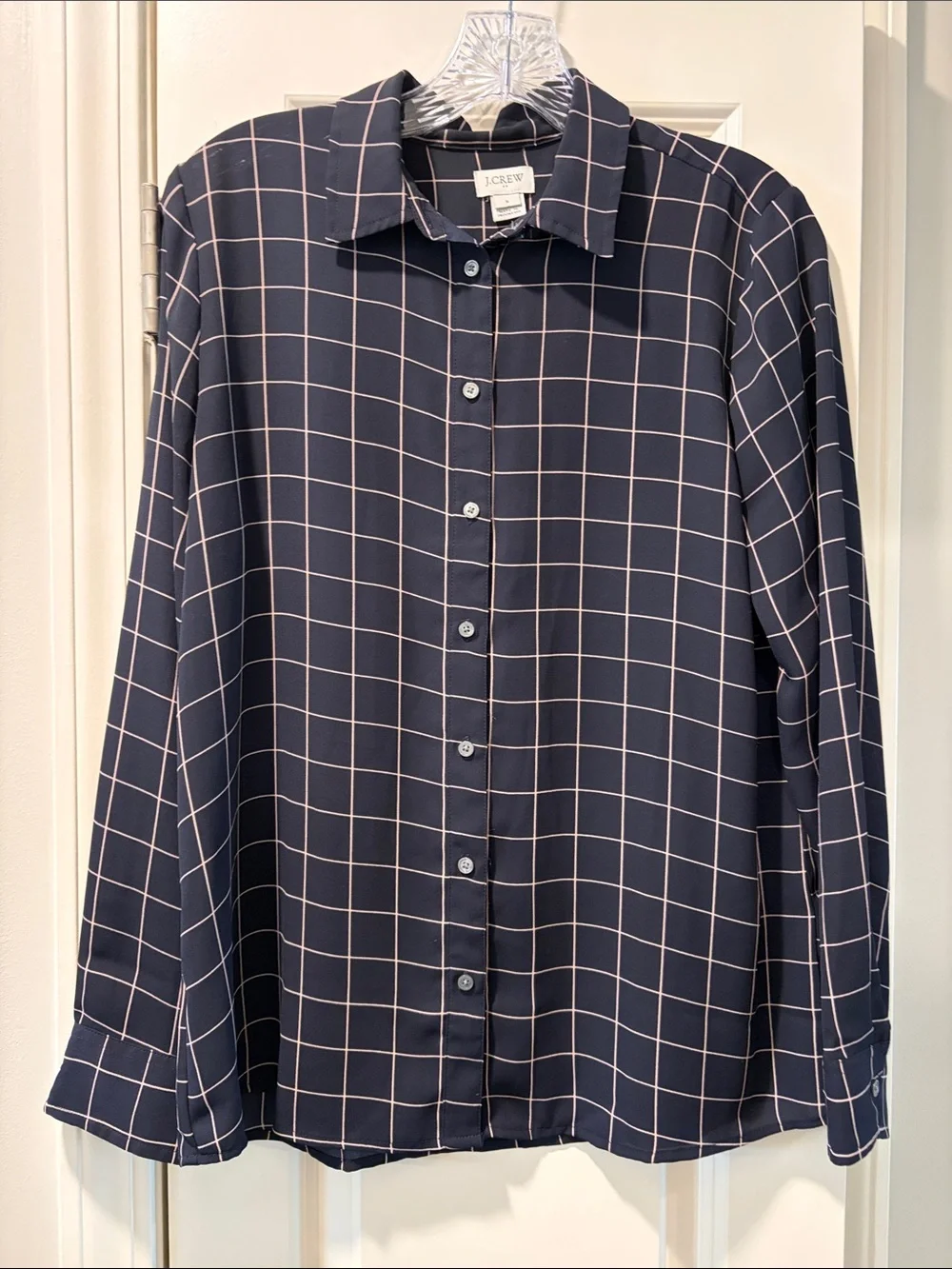 J. Crew Navy Button-Down Shirt with White Windowpane Grid